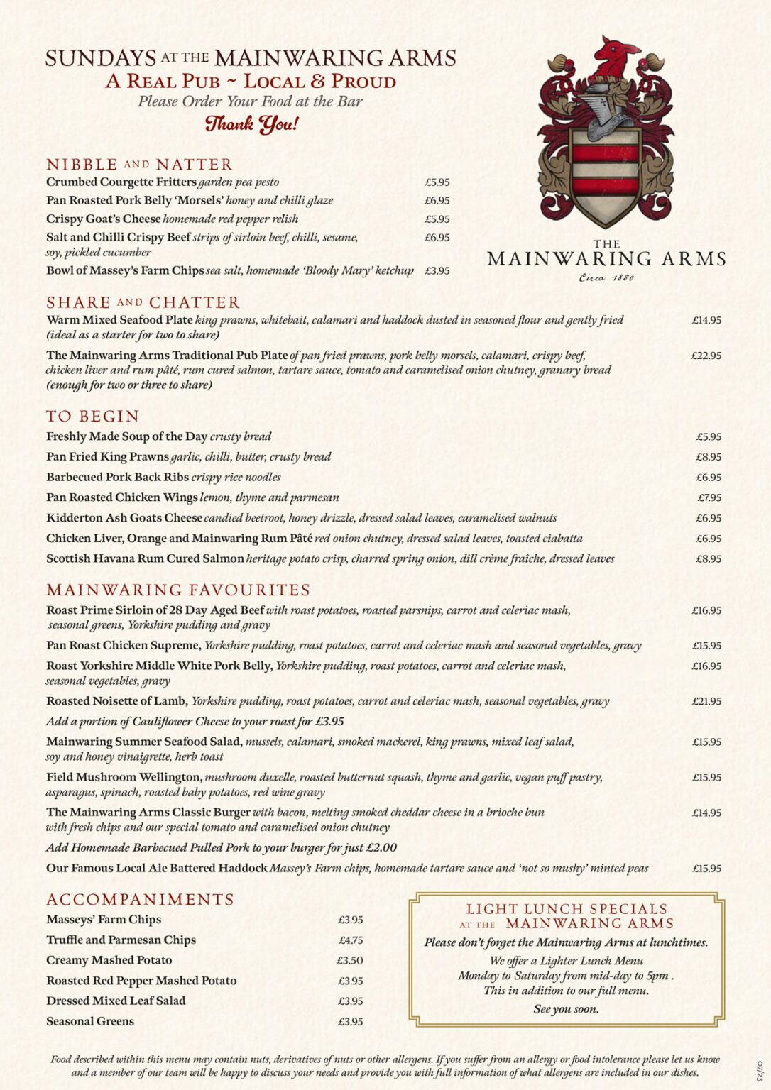 Sunday Menu Mainwaring Arms